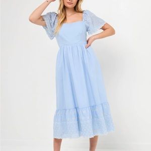 NWT English Factory light blue
Embroidered Midi Dress with Scalloped Hem